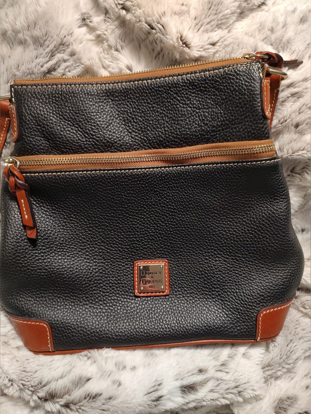 Dooney & Bourke Pebbled Black/Brown  Zip Bag Red Lining Gold HW